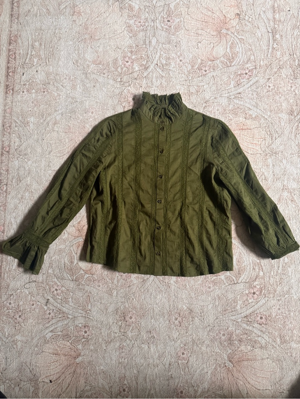 Sezane Lise Ruffled Collar Button-Up Blouse - Perfect Green